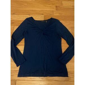 Tahari women's navy blue twisted v-neck long sleeve casual blouse size medium